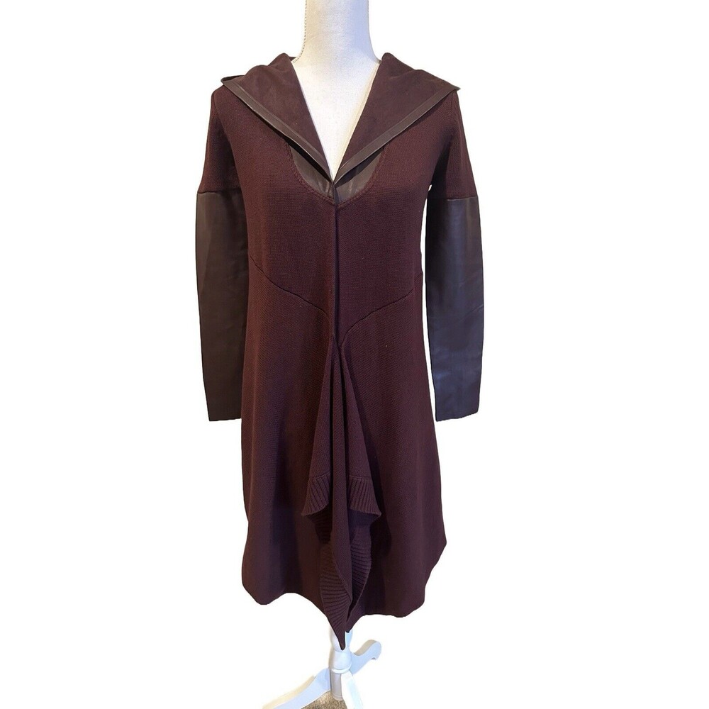 NWT Blank NYC Womens XS Faux Leather Knit Trim Hood Open Cardigan Sweater Maroon
